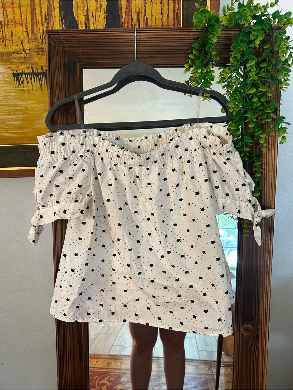 Adorable White Off-Shoulder black cat Polka Dot Tie-Sleeve Top